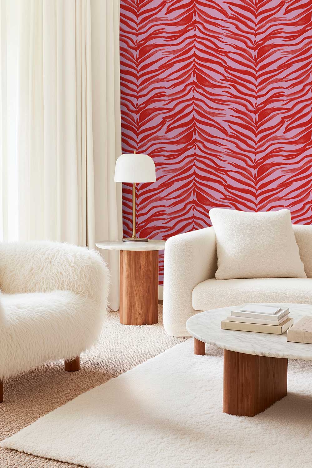 bold and sexy modern living room with bright red and pink zebra print animal wall-covering
