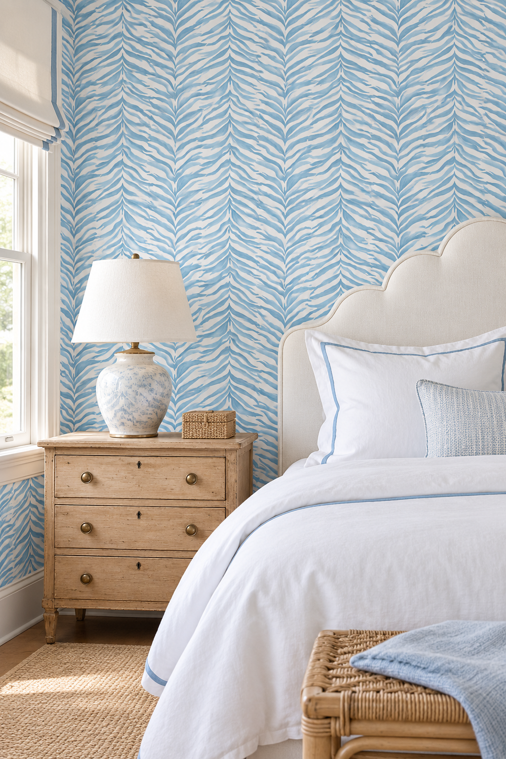 french blue and white zebra stripe watercolor wallpaper for master bedrooms
