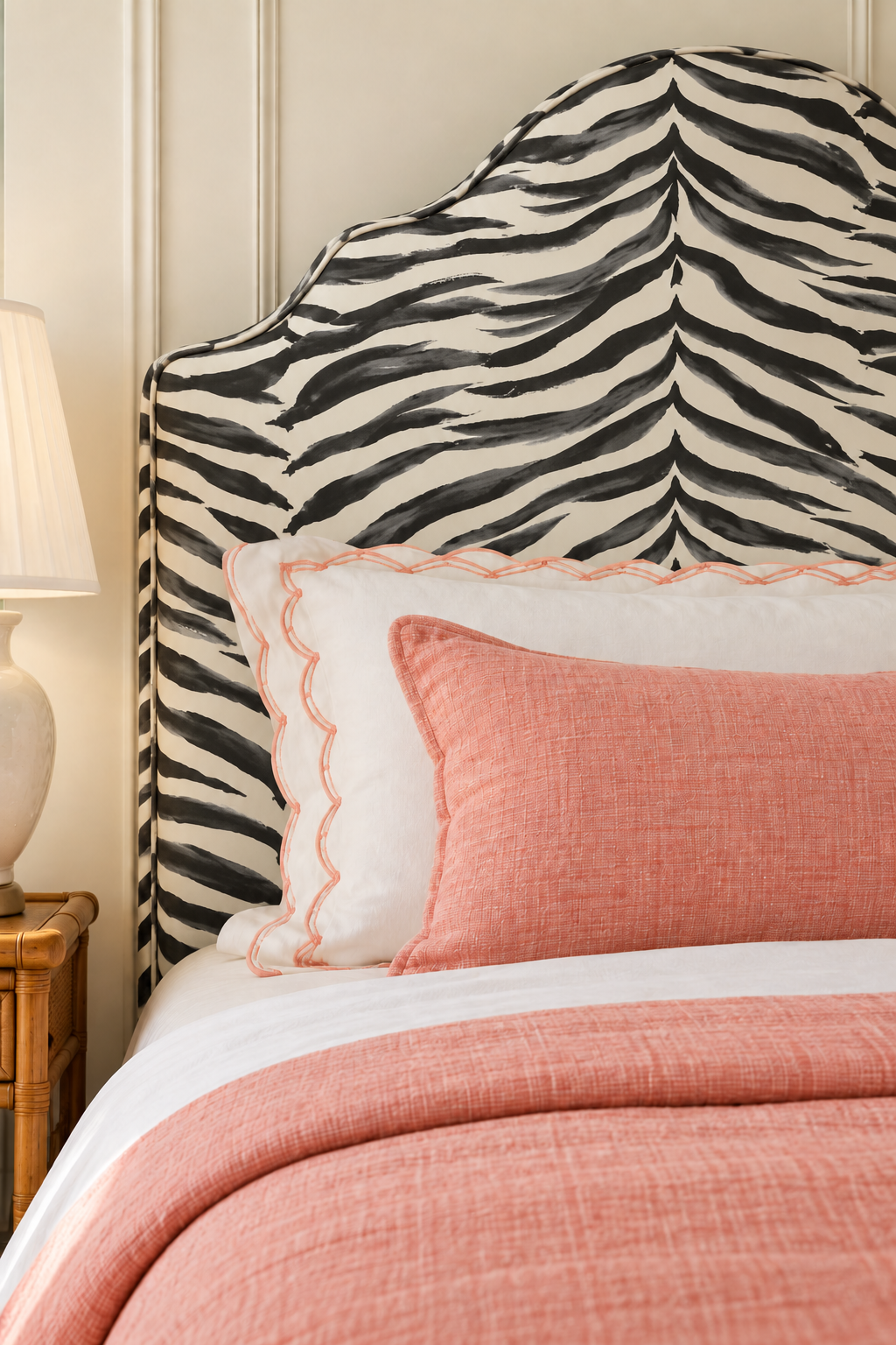 upholstered headboard with black and white zebra watercolor striped fabric