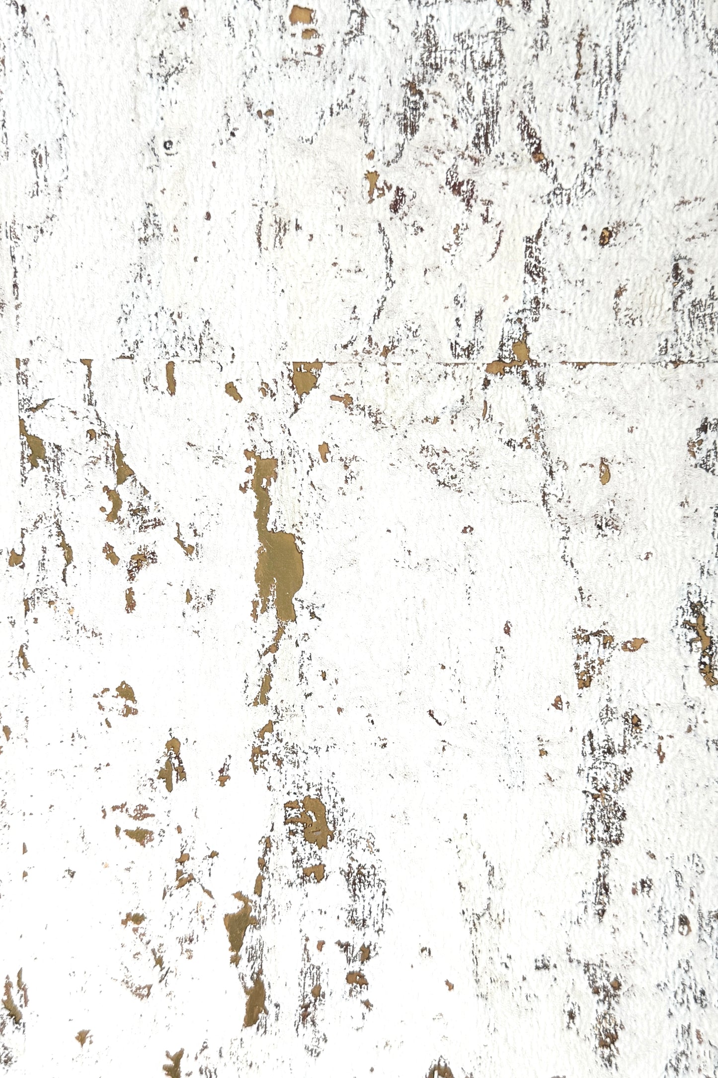 Whitewashed Textured Cork Wallpaper — close-up of white cork wallpaper with distressed, rustic texture and natural cork undertones fused to a metallic gold backing