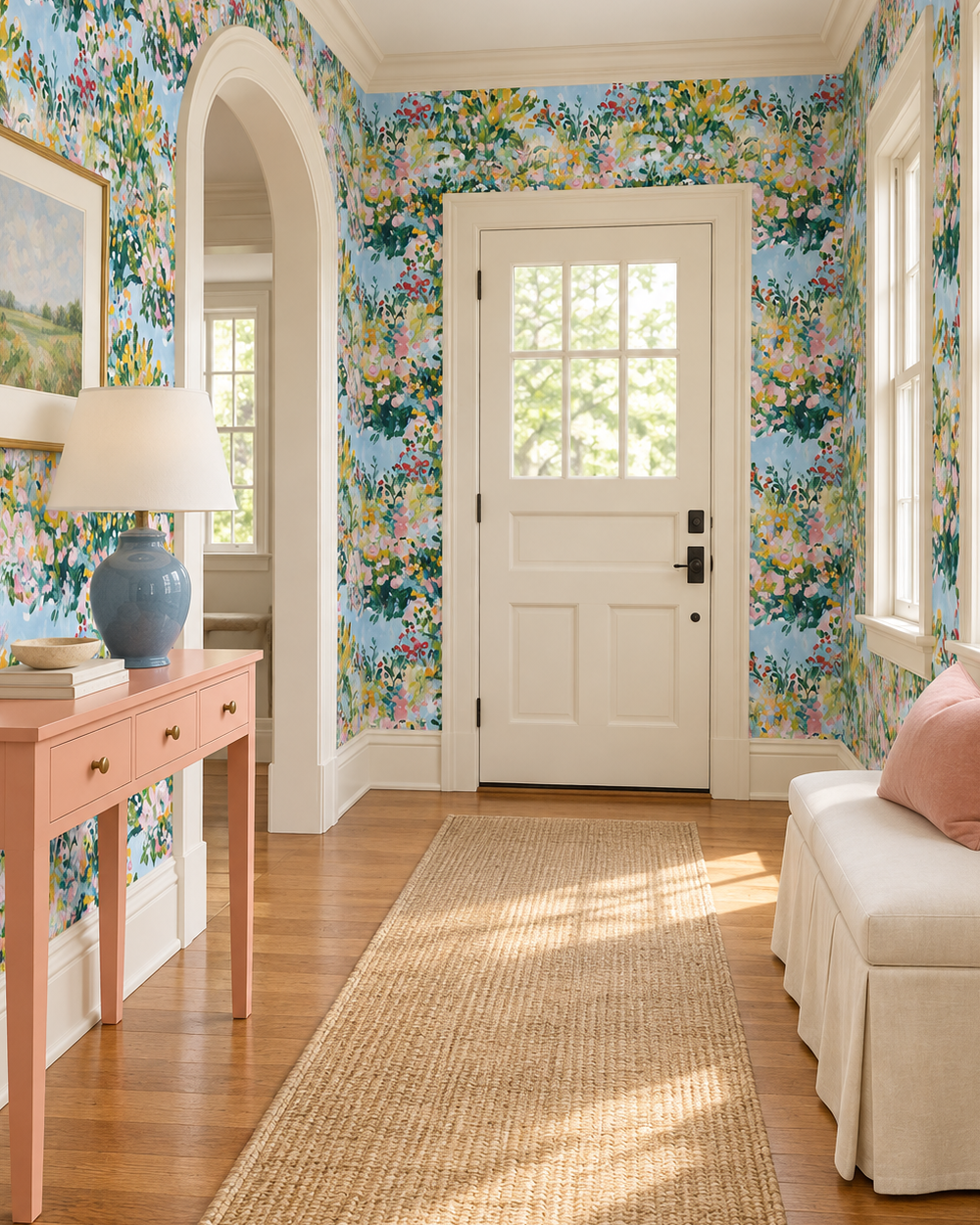 A bright entryway with floral wallpaper, a white front door, hardwood floors, a woven runner rug, a pink console table with a blue lamp, and a cream slipcovered bench with a pink pillow.