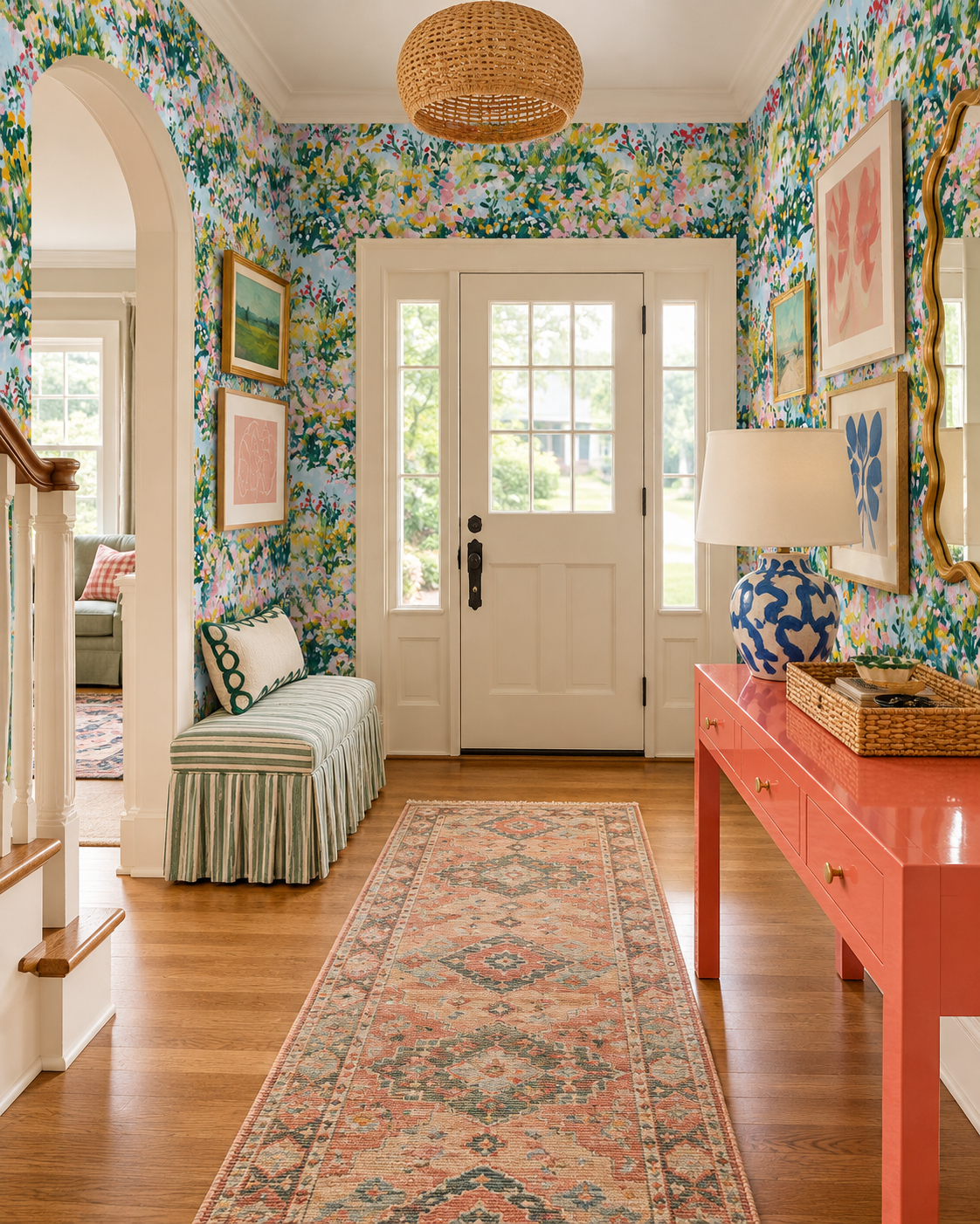 A bright entryway with floral wallpaper, a striped bench, a long patterned runner rug, a coral console table, and a blue-and-white ceramic lamp. eco-friendly and all natural grass cloth and paperweave wallcovering