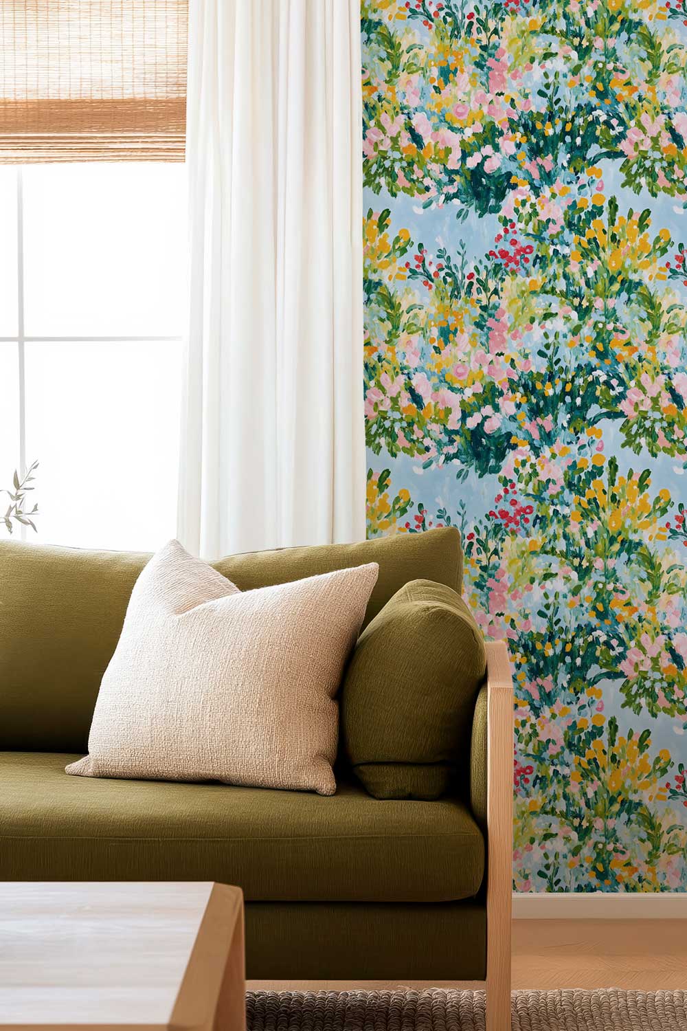 Botanical wallpaper design with hand-painted wildflowers for living spaces