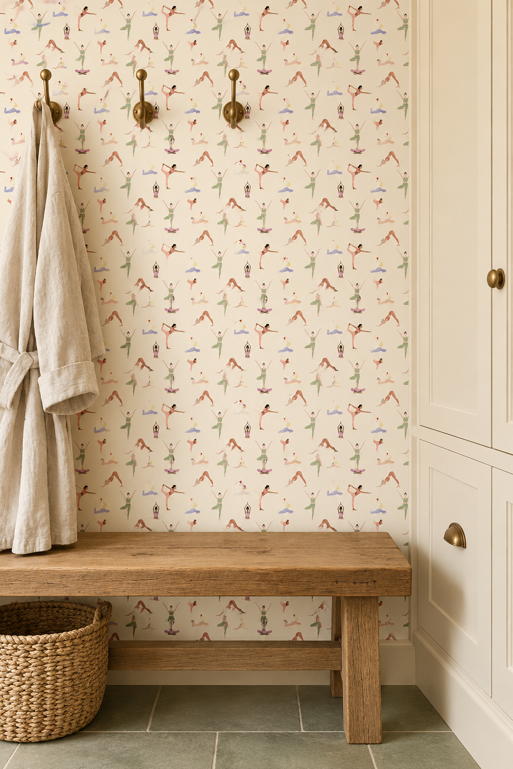 Textured commercial-grade vinyl wallpaper with watercolor yoga poses, arranged in an airy repeating pattern for gyms, wellness centers, and yoga studios.