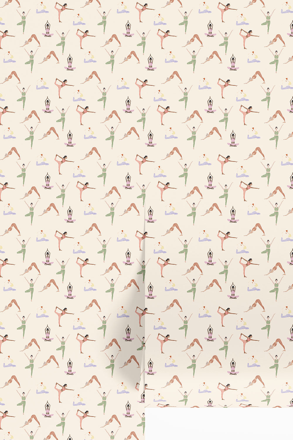 yoga wallpaper, wellness studio wallpaper, fitness room wallpaper, watercolor yoga pattern, girly yoga wallpaper, peaceful wallcovering, spa-inspired wallpaper, boutique gym wallpaper
