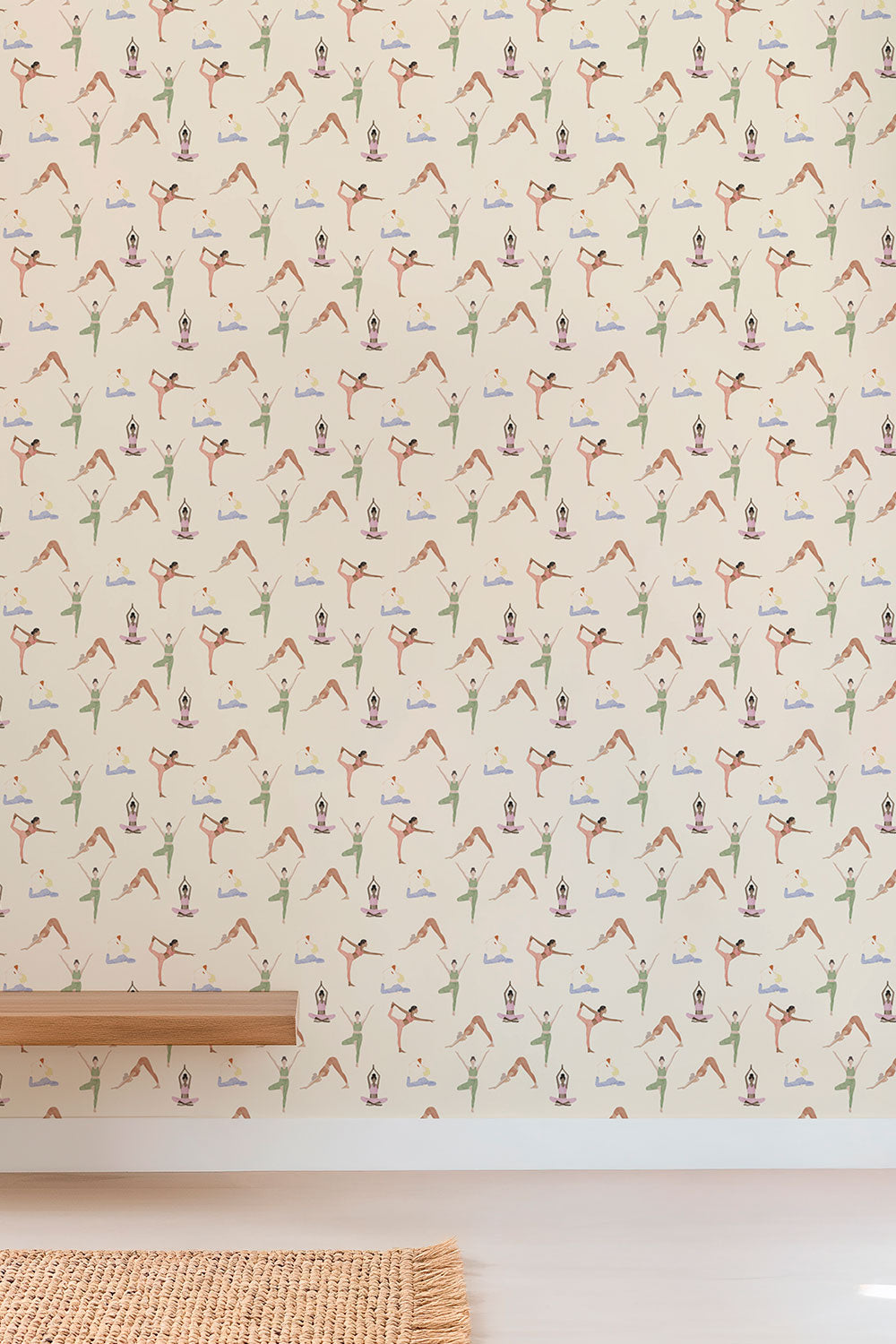 Textured commercial-grade vinyl wallpaper with watercolor yoga poses, arranged in an airy repeating pattern for gyms, wellness centers, and yoga studios.