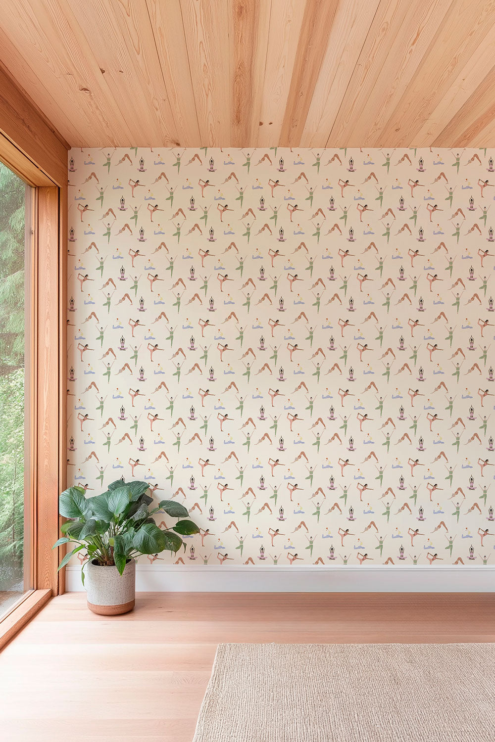Watercolor yoga wallpaper featuring hand-painted female yogis in various poses, shown in multiple soft colorways for wellness and fitness-inspired interiors.