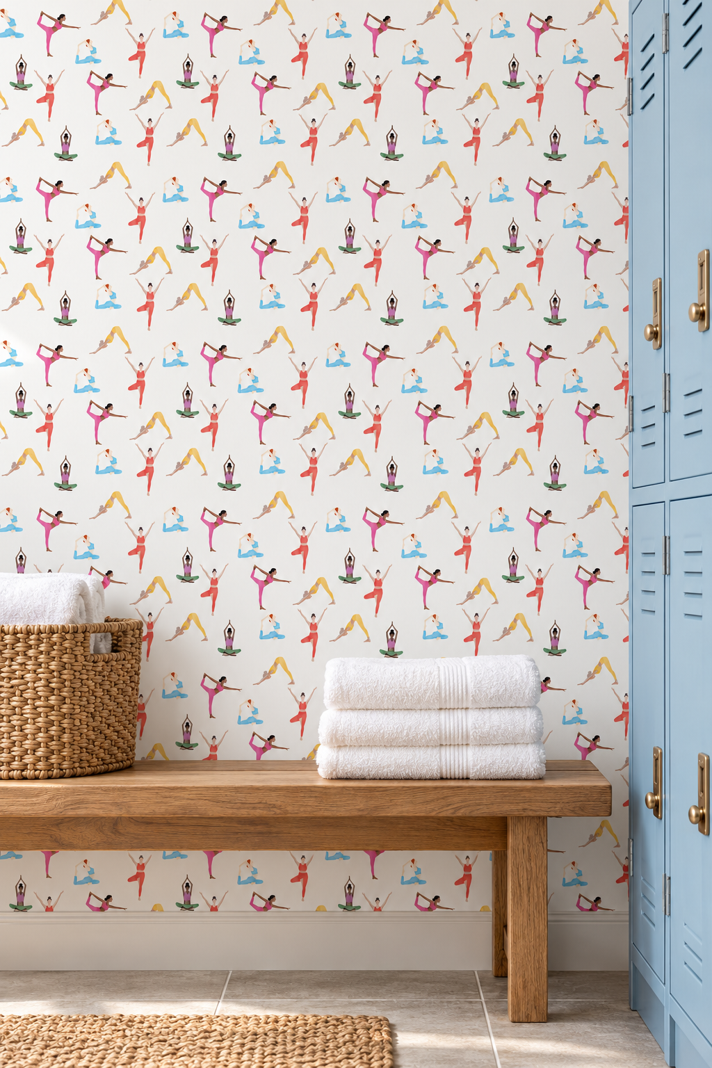 Textured commercial-grade vinyl wallpaper with watercolor yoga poses, arranged in an airy repeating pattern for gyms, wellness centers, and yoga studios.