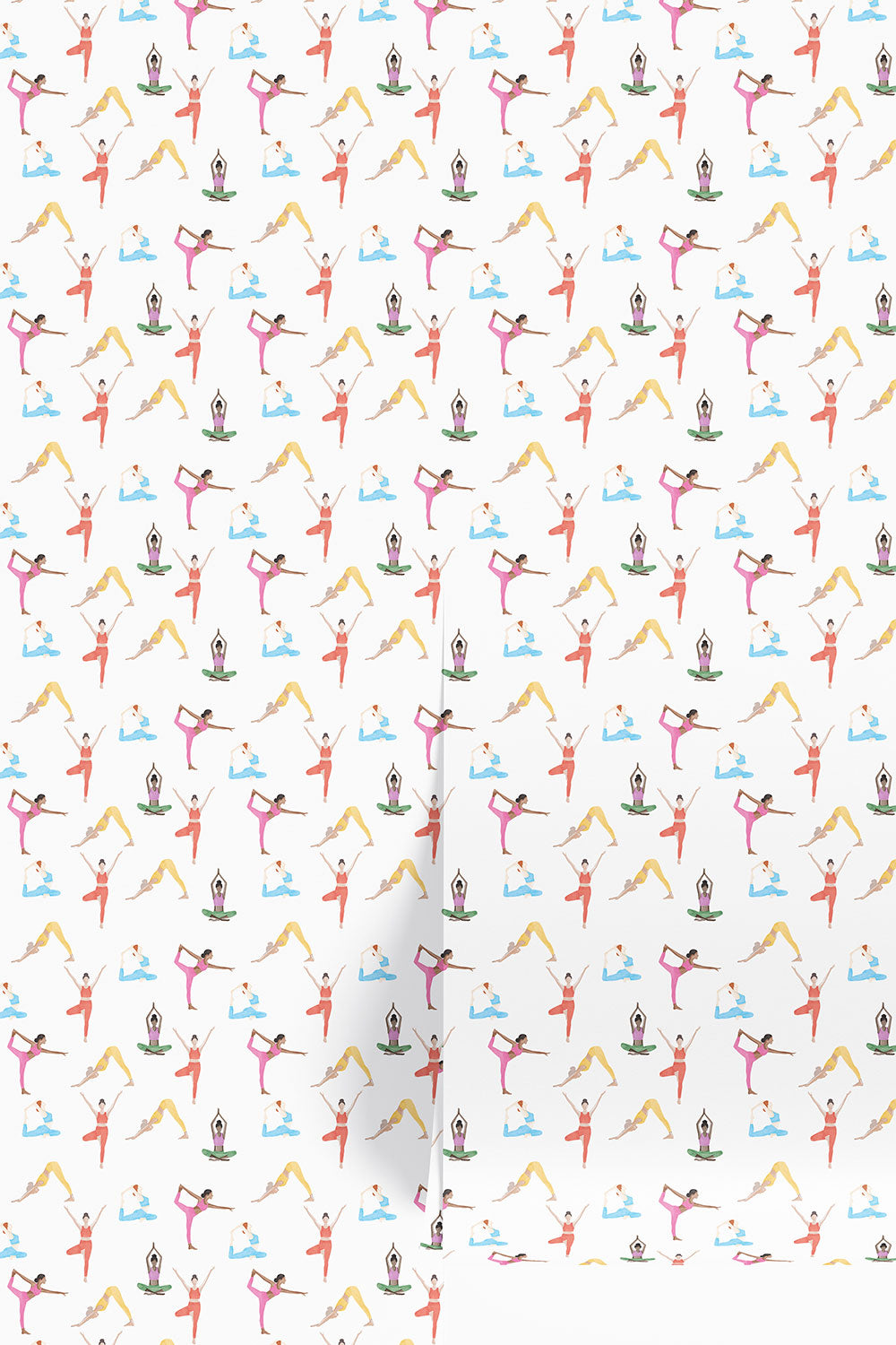 yoga wallpaper, wellness studio wallpaper, fitness room wallpaper, watercolor yoga pattern, girly yoga wallpaper, peaceful wallcovering, spa-inspired wallpaper, boutique gym wallpaper
