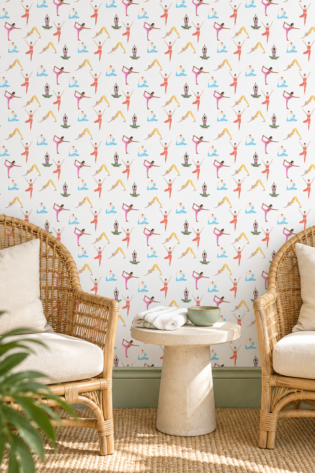 Watercolor yoga wallpaper featuring hand-painted female yogis in various poses, shown in multiple soft colorways for wellness and fitness-inspired interiors.