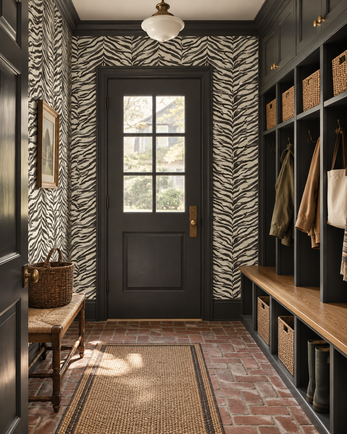 A styled entryway or mudroom with a black paneled door, bold black-and-white zebra-patterned wallpaper, a woven rug, brick flooring, built-in wood lockers with baskets, and hanging coats. Classic black and white watercolor zebra stripe printed on commercial grade water and stain resistant performance vinyl wa