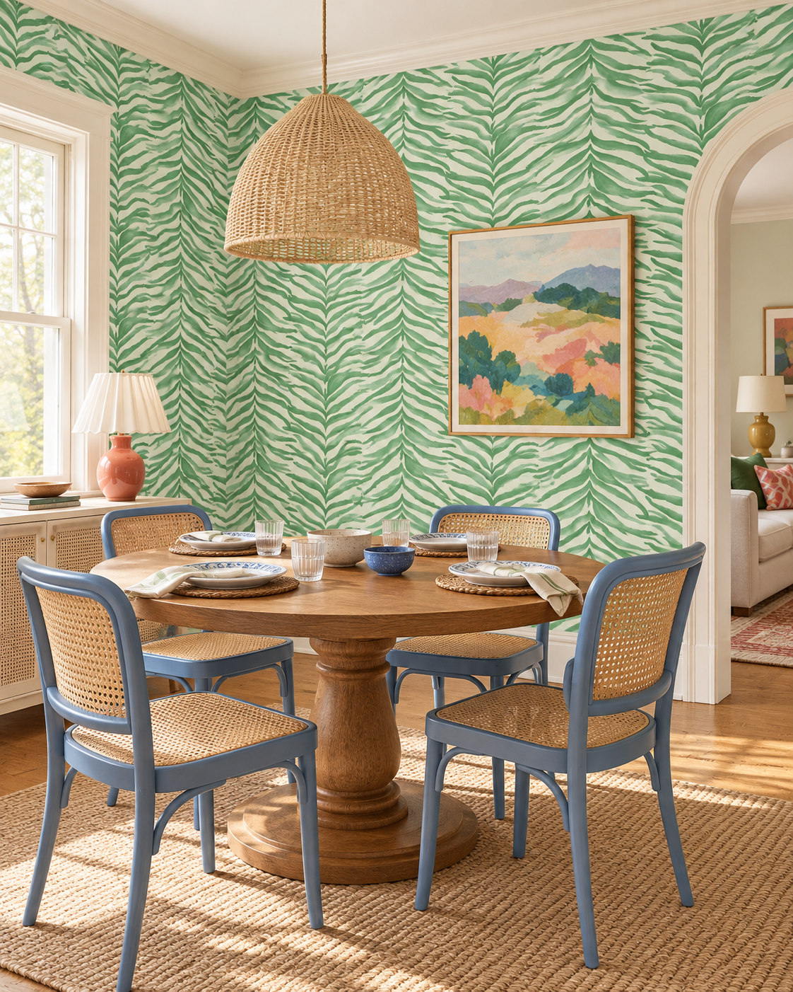A dining room corner with green and white leaf-patterned wallpaper, a round wooden pedestal table, four blue chairs with woven cane seats, a wicker pendant light, and a framed landscape painting on the wall. tropical green and white watercolor zebra stripe printed on commercial grade water and stain resistant performance vinyl wall-covering, great for bathrooms, kitchens and commercial spaces