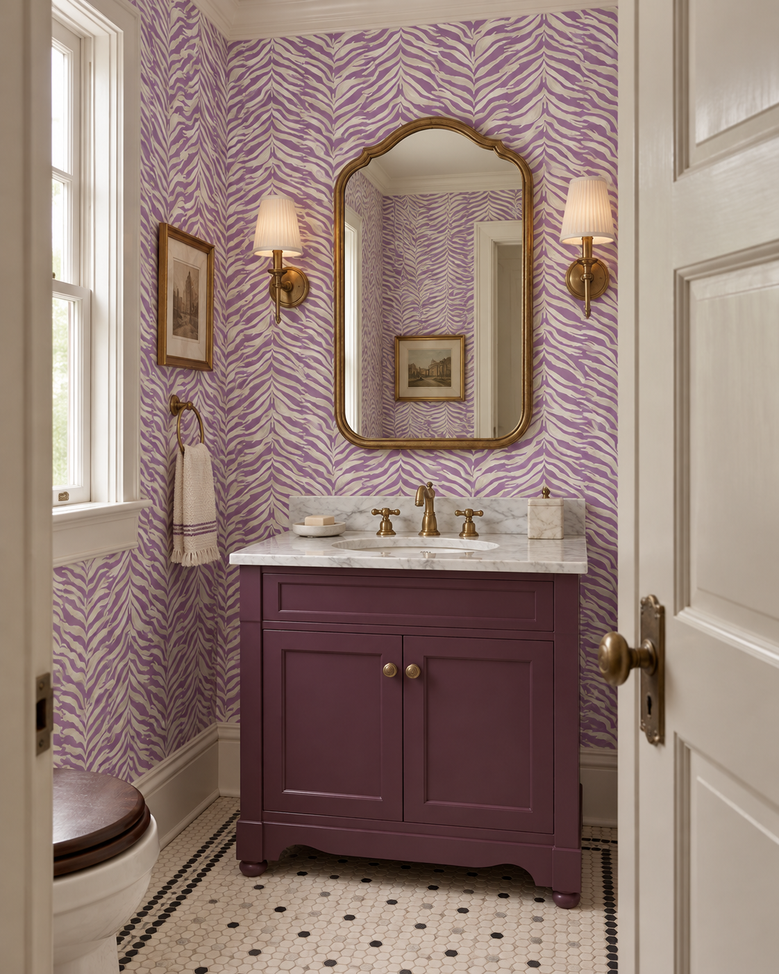 purple zebra stripe watercolor bathroom wallpaper