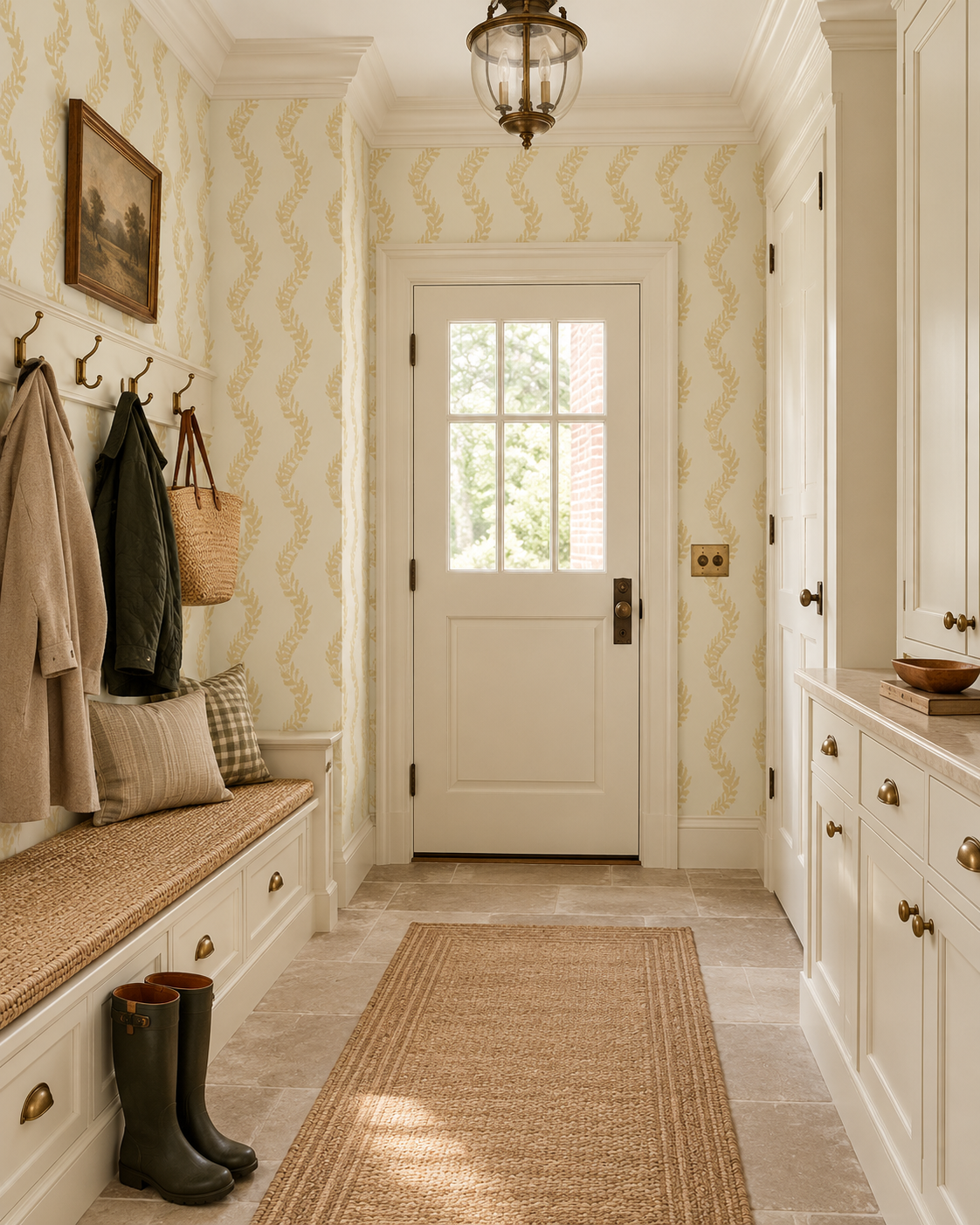 A bright, traditional entryway with cream and beige patterned wallpaper, white cabinets, a built-in bench with a woven seat, a long jute runner rug, and a white front door with a glass window at the end.