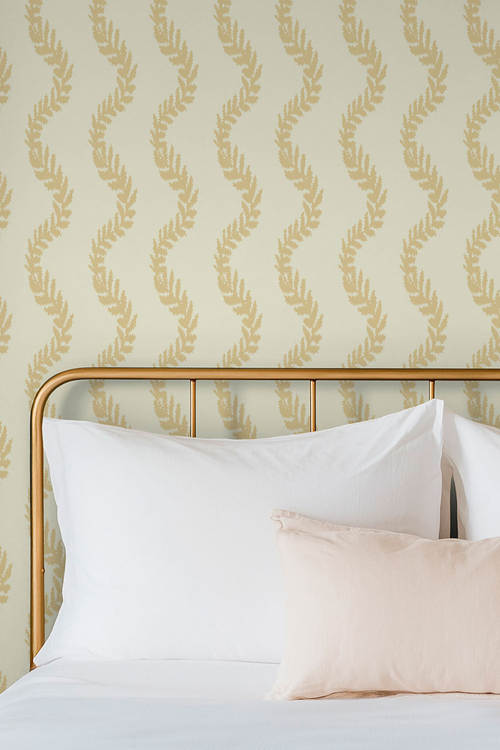 cozy luxury bedroom with calming neutral botanical stripe wall-covering