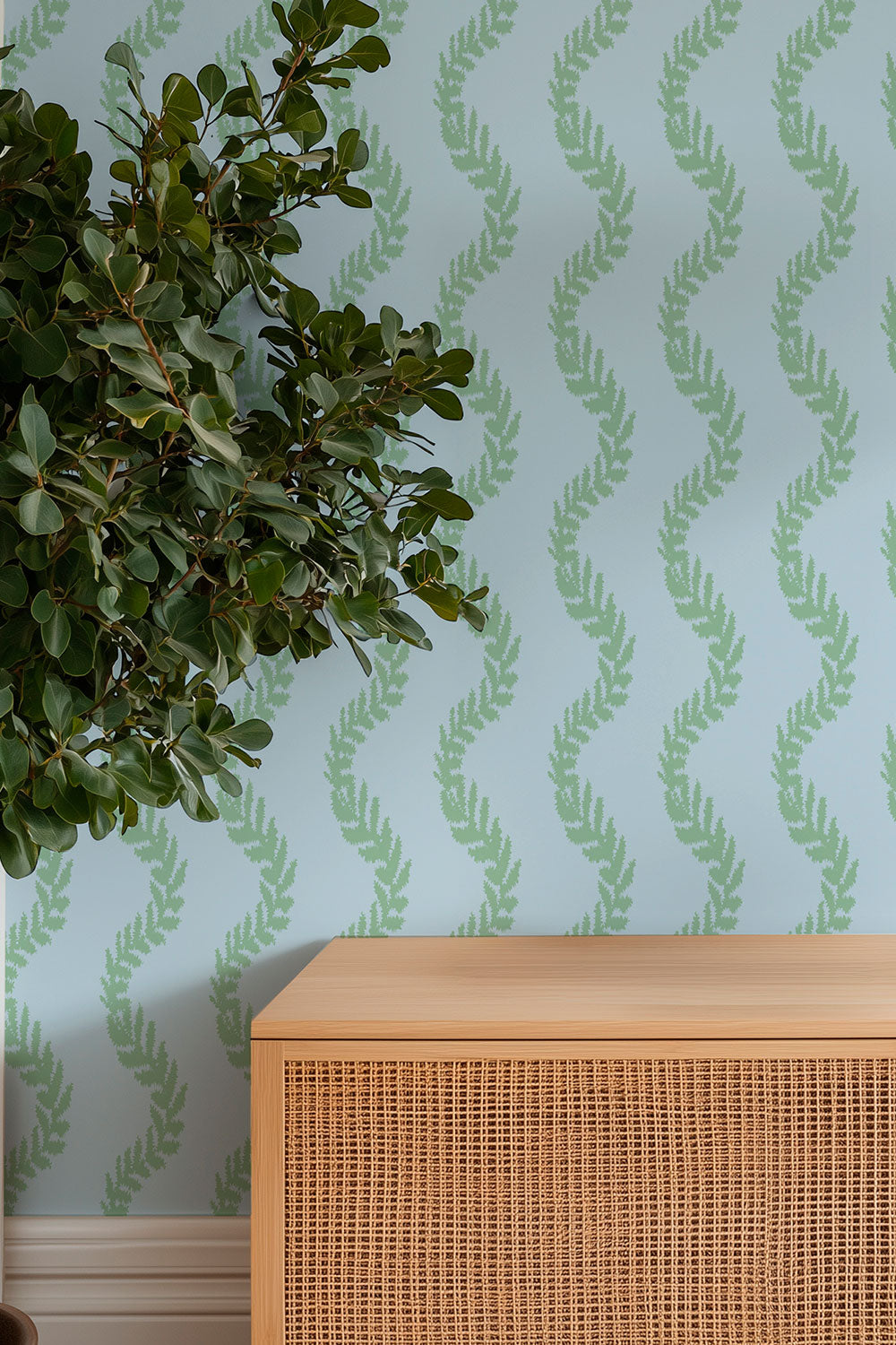 Traditional botanical stripe wallpaper updated with a wavy twist for bedrooms and living rooms